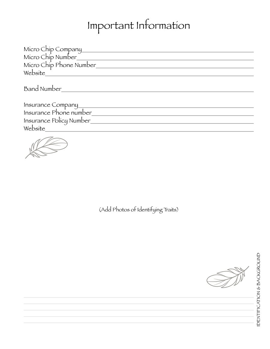 Important Information page: microchip, band number and insurance details